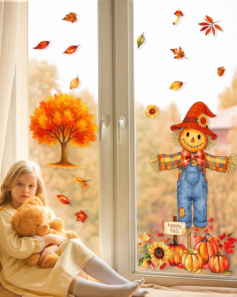 JMHACHY Fall Window Clings - 9 Sheets 116 Pcs Fall Decorations for Autumn Thanksgiving Harvest Home Party, Pumpkin Leaves Truck Maple Sunflowers Stickers for Glass, Double-Sided Static Window Decals - Image 4